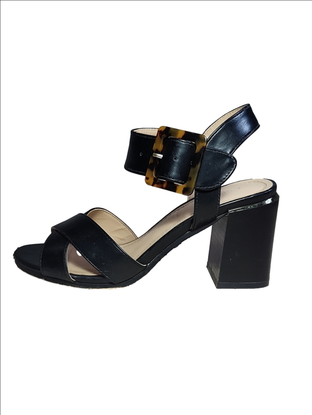 CALL IT SPRING Black Block Heel Sandal with Tortoiseshell Buckle